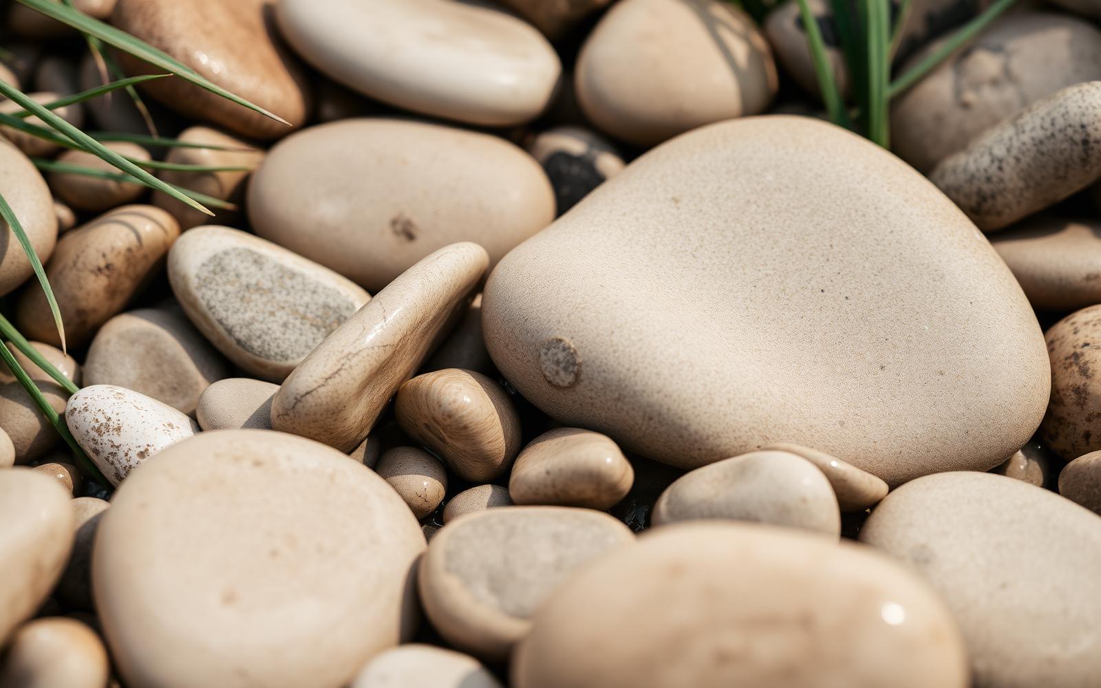 Smooth coastal stones and beach grass in warm light