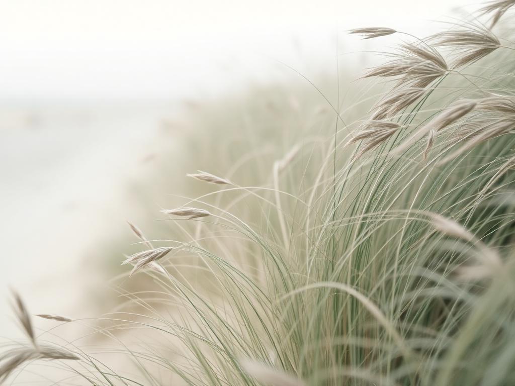 Coastal dune grass bending in soft gray-green light